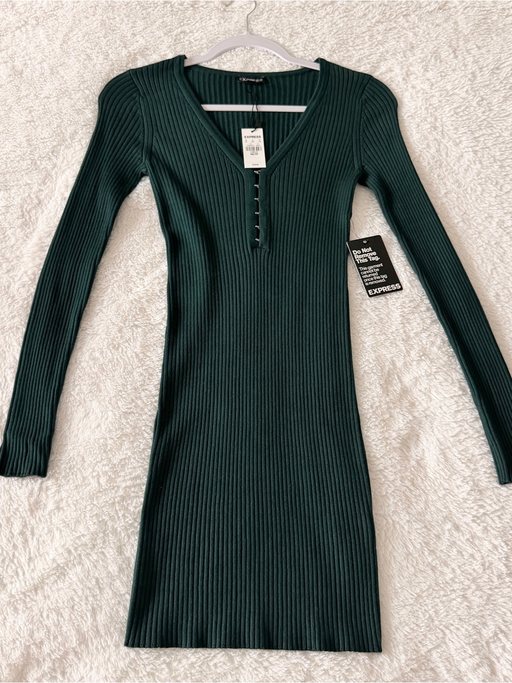 Express Long Sleeve Ribbed V-Neck Dress in Forest Green